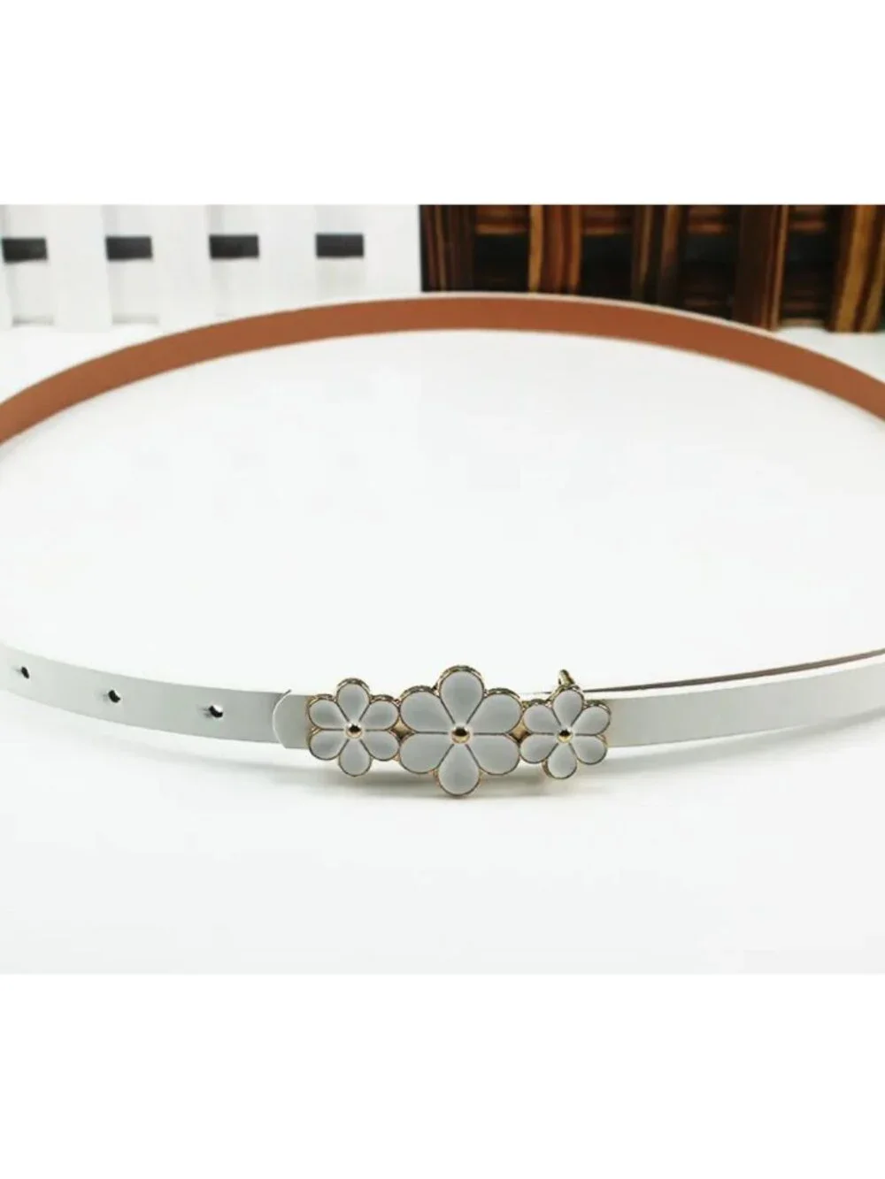 Floral Buckle Skinny Belt Set of 2 - Black & White with Gold Accents